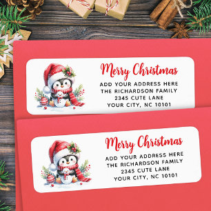 God jul Red White Cute Penguin Anpassningsbar Returadress Etikett