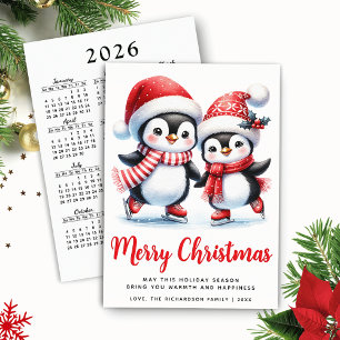 God jul Red White Roligt Ice Skating Penguins Julkort
