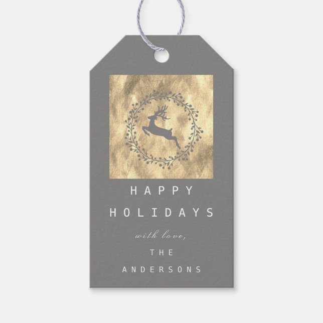 God jul Reindeer Champaigne Guld Grått Presentetikett (Framsidan)