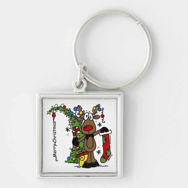 God jul Reindeer Fyrkantig Silverfärgad Nyckelring (Framsidan)