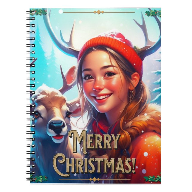 GOD JUL REINDEER MED LYCKLIG GIRL ANTECKNINGSBOK (Framsidan)