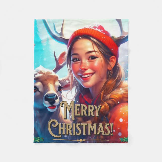 GOD JUL REINDEER MED LYCKLIG GIRL FLEECEFILT (Framsidan)