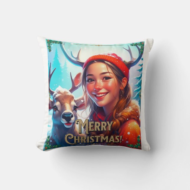 GOD JUL REINDEER MED LYCKLIG GIRL KUDDE (Framsida)
