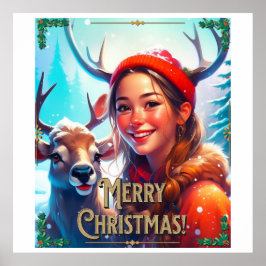 GOD JUL REINDEER MED LYCKLIG GIRL POSTER