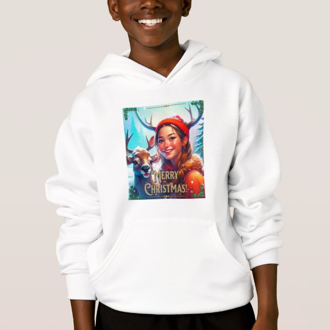GOD JUL REINDEER MED LYCKLIG GIRL T SHIRT (Framsida)