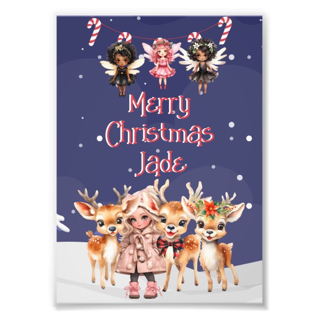 God jul Reindeer Peppermint Fairy w/ Namn Fototryck (Framsidan)