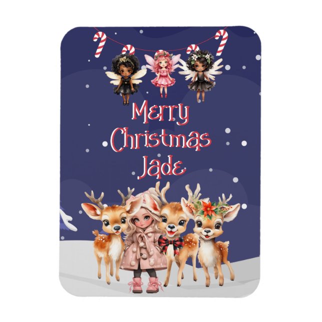 God jul Reindeer Peppermint Fairy w/ Namn Magnet (Vertikal)