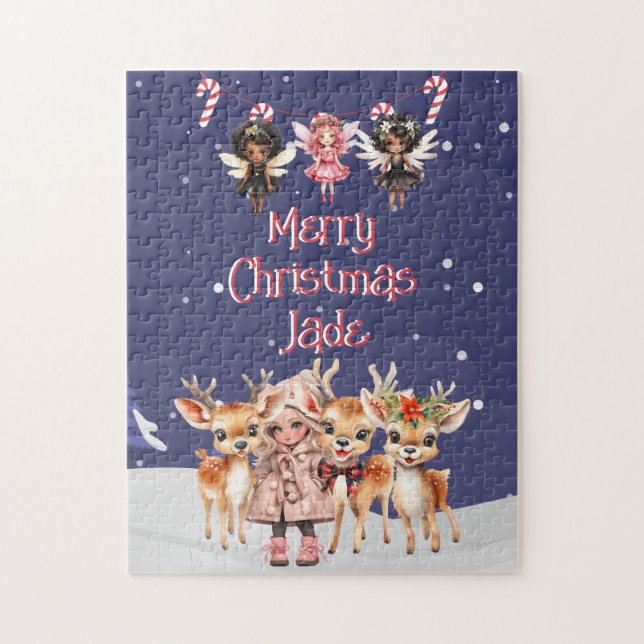 God jul Reindeer Peppermint Fairy w/ Namn Pussel (Vertikal)
