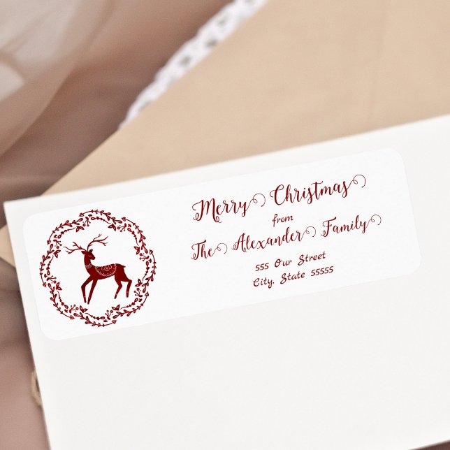 God jul Reindeer Red and White Cute Nordic Returadress Etikett (Skapare uppladdad)