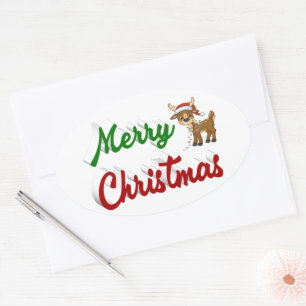 God jul Reindeer Red grönt-skript Ovalt Klistermärke