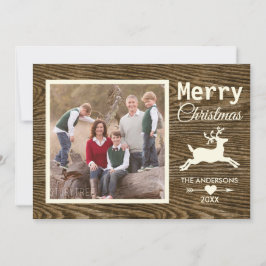 God jul Reindeer Rustic Wood Family Photo Julkort