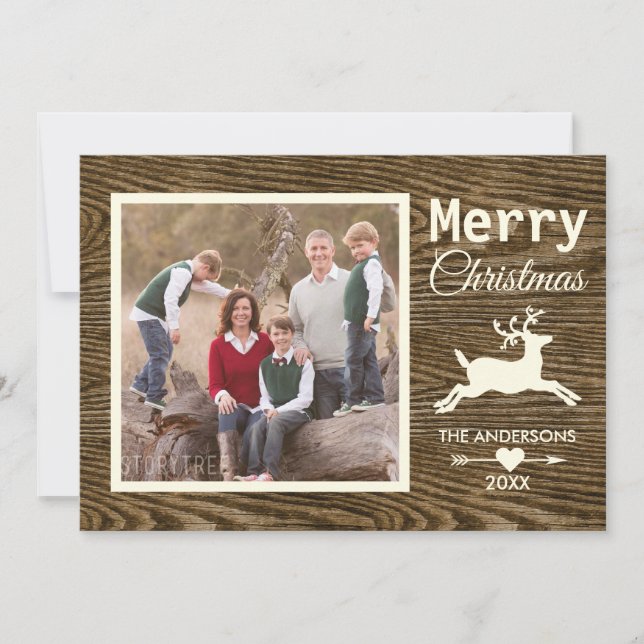 God jul Reindeer Rustic Wood Family Photo Julkort (Framsida)