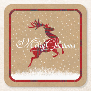 God jul Reindeer Tartan Red/Kraft ID590 Underlägg Papper Kvadrat