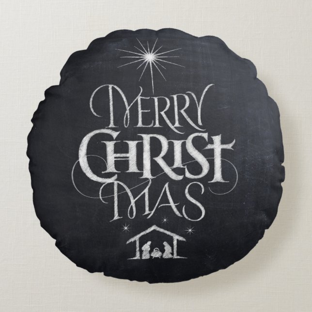 God jul Religiösa Chalkboard Ntivity Rund Kudde (Framsidan)