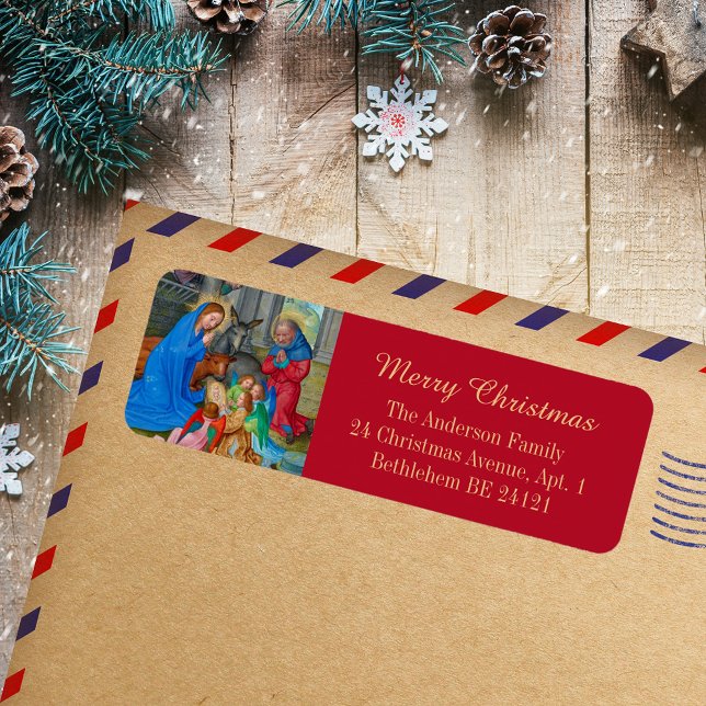 God jul Religiösa Christian Medieval Red Returadress Etikett (Merry Christmas Nativity Religious Christian Catholic Medieval Red Holiday Return Address Label)