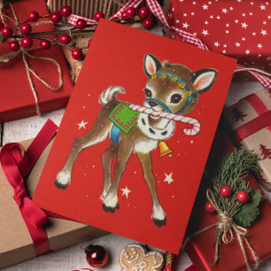 God Jul Retro Reindeer Candy cane Helg Vykort