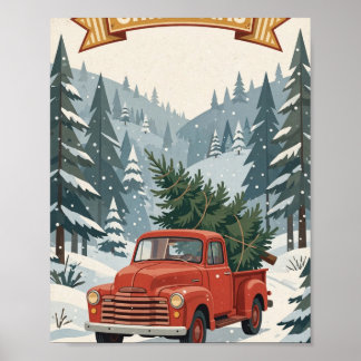 God Jul — Retro röd lastbil med träd Poster