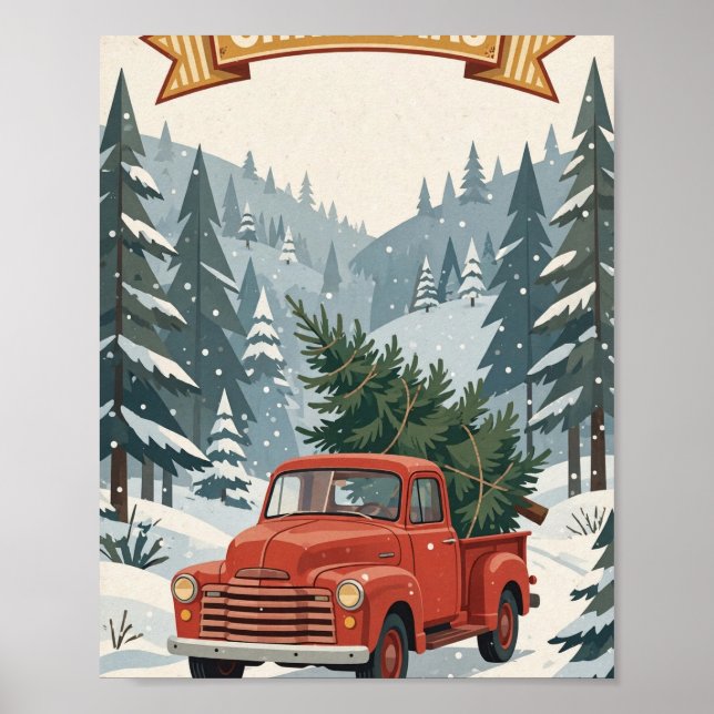God Jul — Retro röd lastbil med träd Poster (Framsidan)