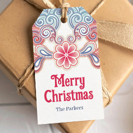 God Jul retro röd och blå Presentetikett