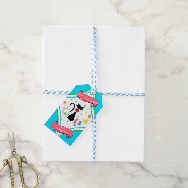 God jul Retro Siamese Cat Namn Presentetikett (Med Snöre)