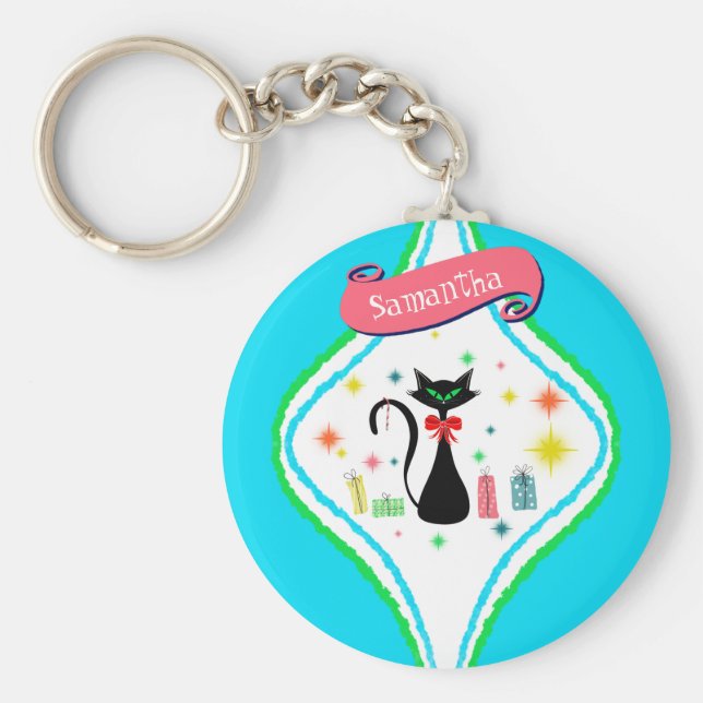 God jul Retro Siamese Cat Personalize Namn Nyckelring (Framsidan)