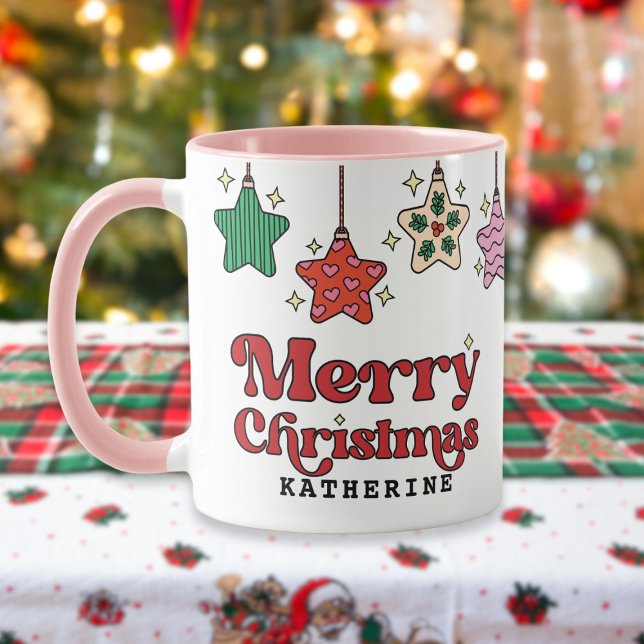 God jul Retro Star Ornaments Anpassningsbar Mugg (cute custom retro merry christmas mug featuring star ornaments)