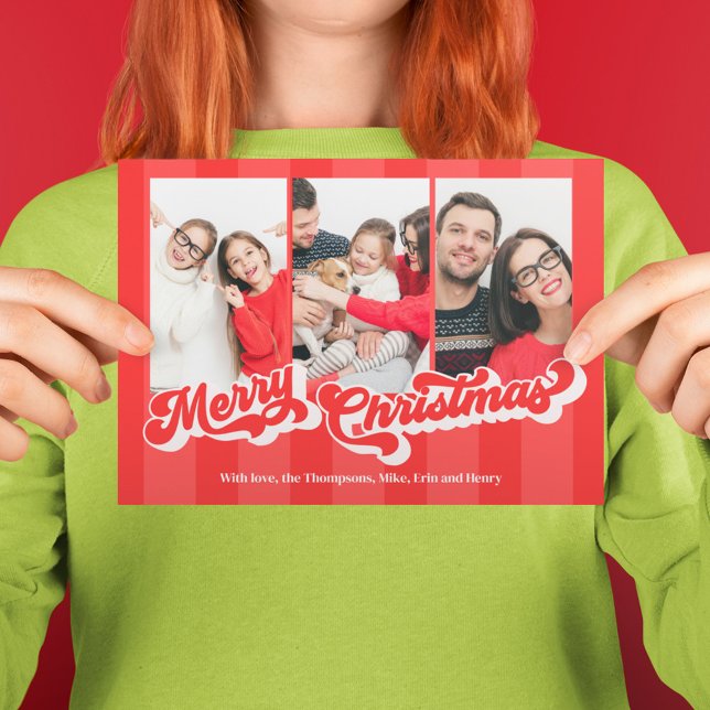 God jul Retro Typography Multi Three Photo Helg Vykort (A basic postcard template with three photo layout.)