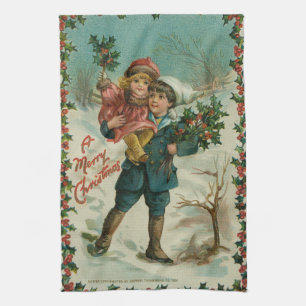 God Jul - retro vykort, barn, järnek Kökshandduk