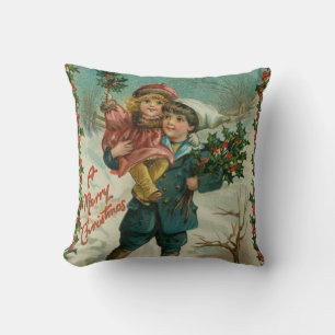 God jul - retro vykort, barn, järnek kudde