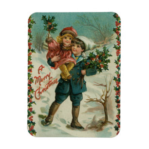 God Jul - retro vykort, barn, järnek Magnet