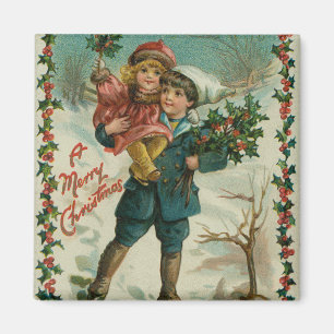God Jul - retro vykort, barn, järnek Magnet