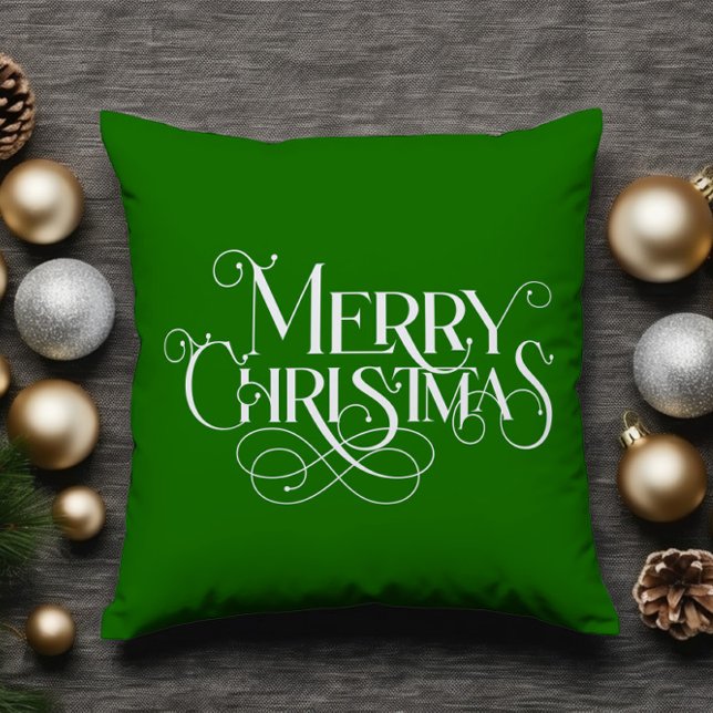 God jul Retro White Typografi på Grönt Kudde (Skapare uppladdad)
