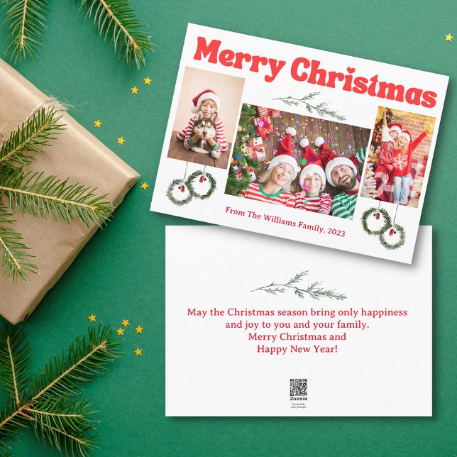 god jul-retroröd calligrafi 3 foton julkort (Skapare uppladdad)