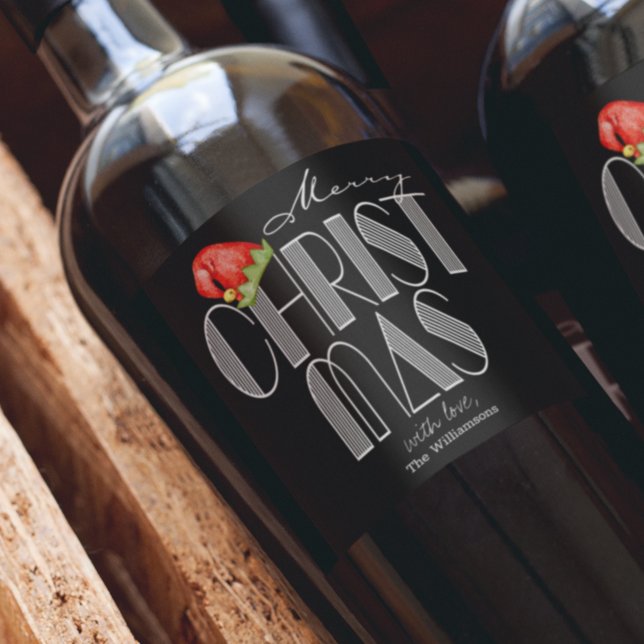 God Jul Retrotypografi Svart Vinflaska Etikett (Skapare uppladdad)