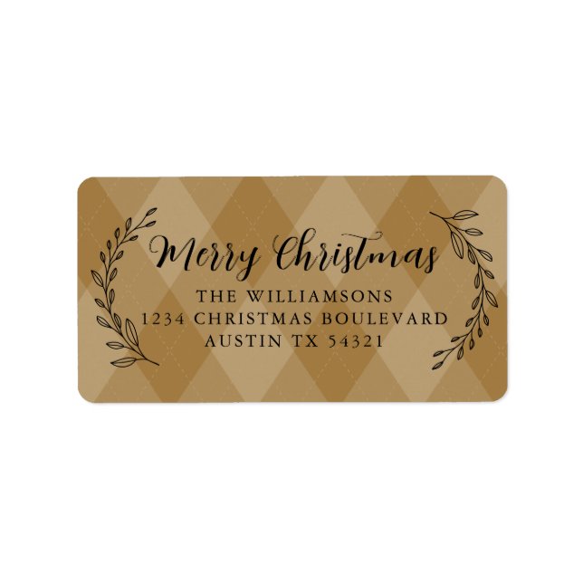 God jul Returadress Foliage Guld Argyle Adressetikett (Framsidan)