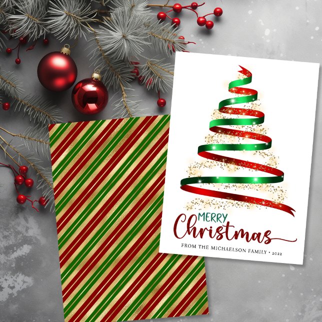 God jul Ribbon Träd Guld Glitter Helgdag Kort (Merry Christmas Ribbon Tree Gold Glitter Holiday Card)