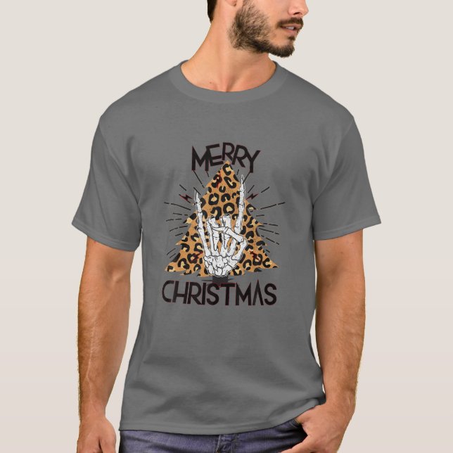 God jul Rock N Roll Hand Sign Leopard Chri T Shirt (Framsida)