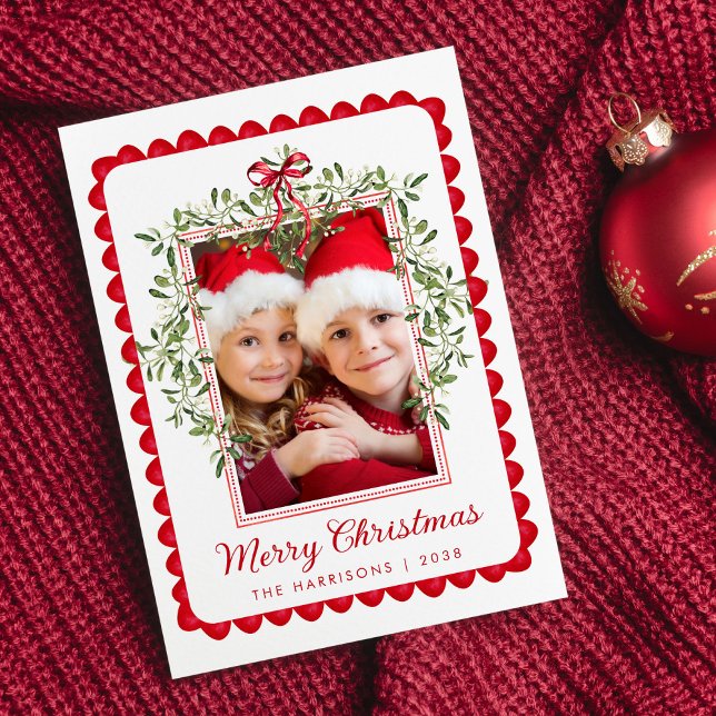 God Jul Röd Båge Grönska Vattenfärg Foto Julkort (Share the love and warmth of the holiday season with this personalized photo Christmas card)