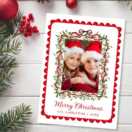 God Jul Röd Båge Grönska Vattenfärg Foto Julkort