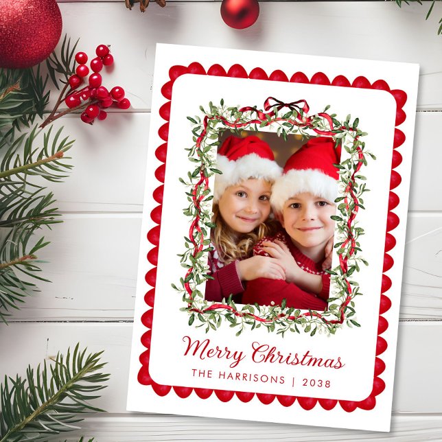 God Jul Röd Båge Grönska Vattenfärg Foto Julkort (Share the love and warmth of the holiday season with this personalized photo Christmas card)