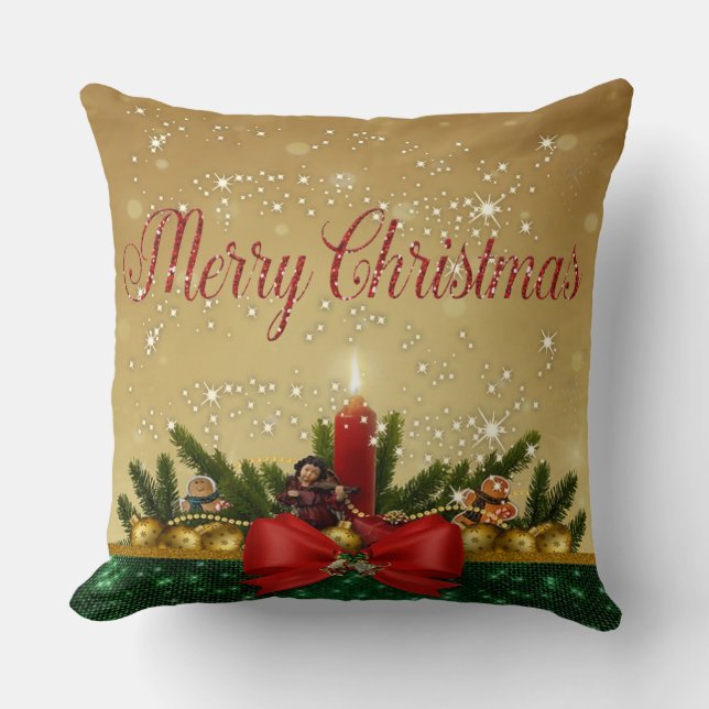 God Jul,Röd Båge Ljus,Gran Träd Grenar Kudde (Framsida)