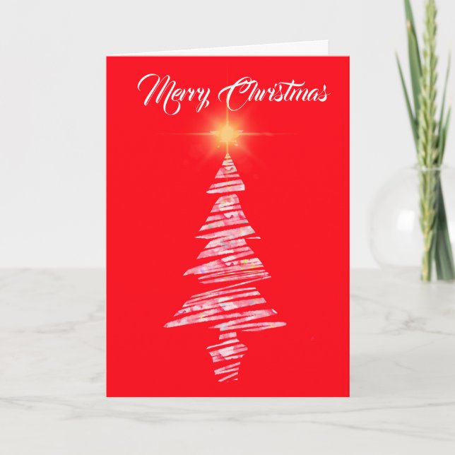 God jul, röd bakgrund med modern träd helgkort (Framsida)