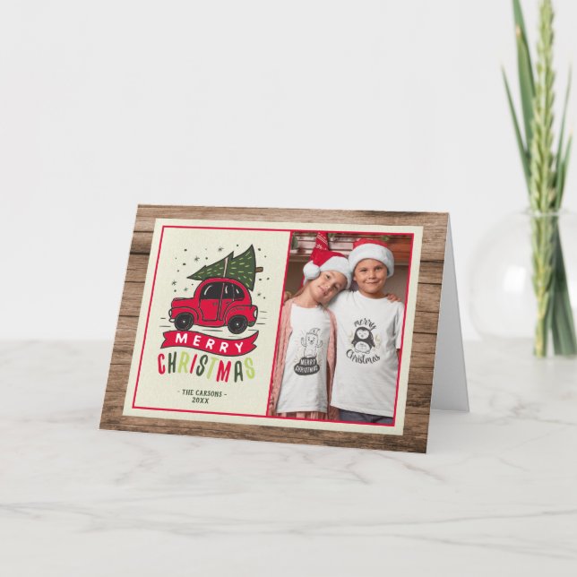 God Jul Röd Bil Foto Rustik Trä Helgkort (Framsida)