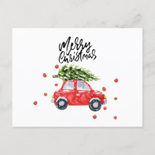 God jul röd bil med Julgran Card Vykort