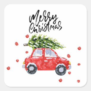 god jul röd bil med Julgran vit Fyrkantigt Klistermärke