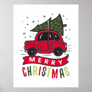 God Jul Röd Bil Träd Högtider Xmas Poster