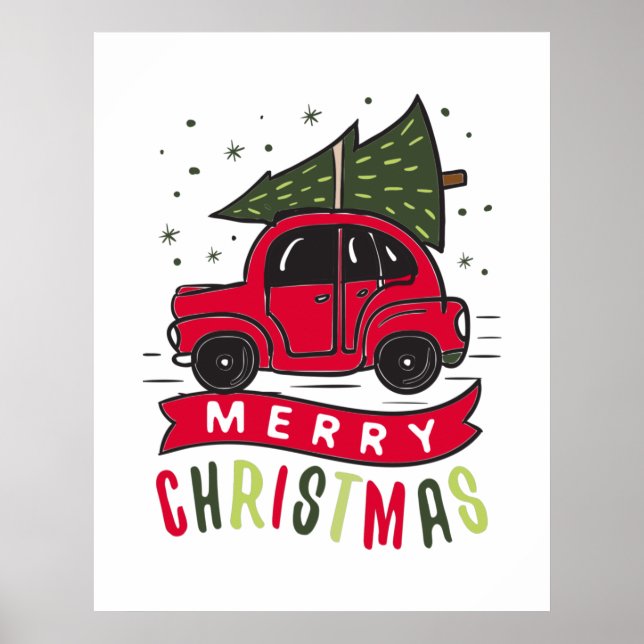 God Jul Röd Bil Träd Högtider Xmas Poster (Framsidan)