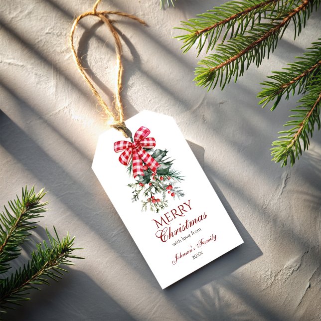 God jul röd buske gräs rustik presentetikett (Merry Christmas red bow pines rustic Gift Tags personalized gift tags customized Christmas gift tags)