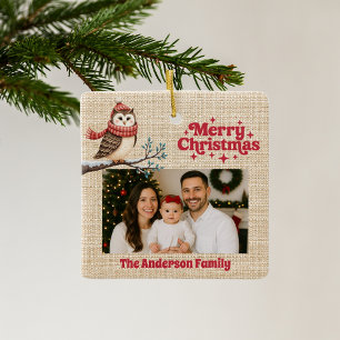 God jul röd fotobeige burlap uggla julgransprydnad keramik
