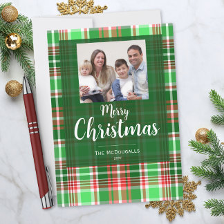 God Jul Röd Grön Rutig Familjefoto Julkort